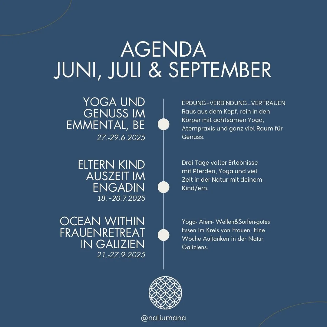✨ Unsere Sommer-Highlights 2025 ✨
Juni, Juli &amp; September &ndash; drei besondere Gelegenheiten, um aufzutanken, zu genie&szlig;en und dich mit dir selbst (und anderen) zu verbinden:

🌿 Yoga &amp; Genuss im Emmental, BE
📅 27.&ndash;29. Juni 2025
