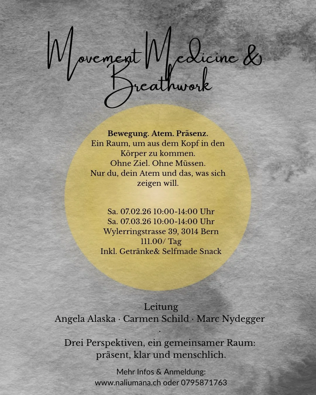Movement Medicine &amp; Breathwork 🪶 🌬️ 

Wir &ouml;ffnen an zwei Tagen einen gemeinsamen Raum.
Einen Raum f&uuml;r Bewegung, Atem und Pr&auml;senz.
Verbindung zu dir, freies Bewegen, Atmen- 
Einfach da sein.

Wir beginnen mit freier Bewegung und T