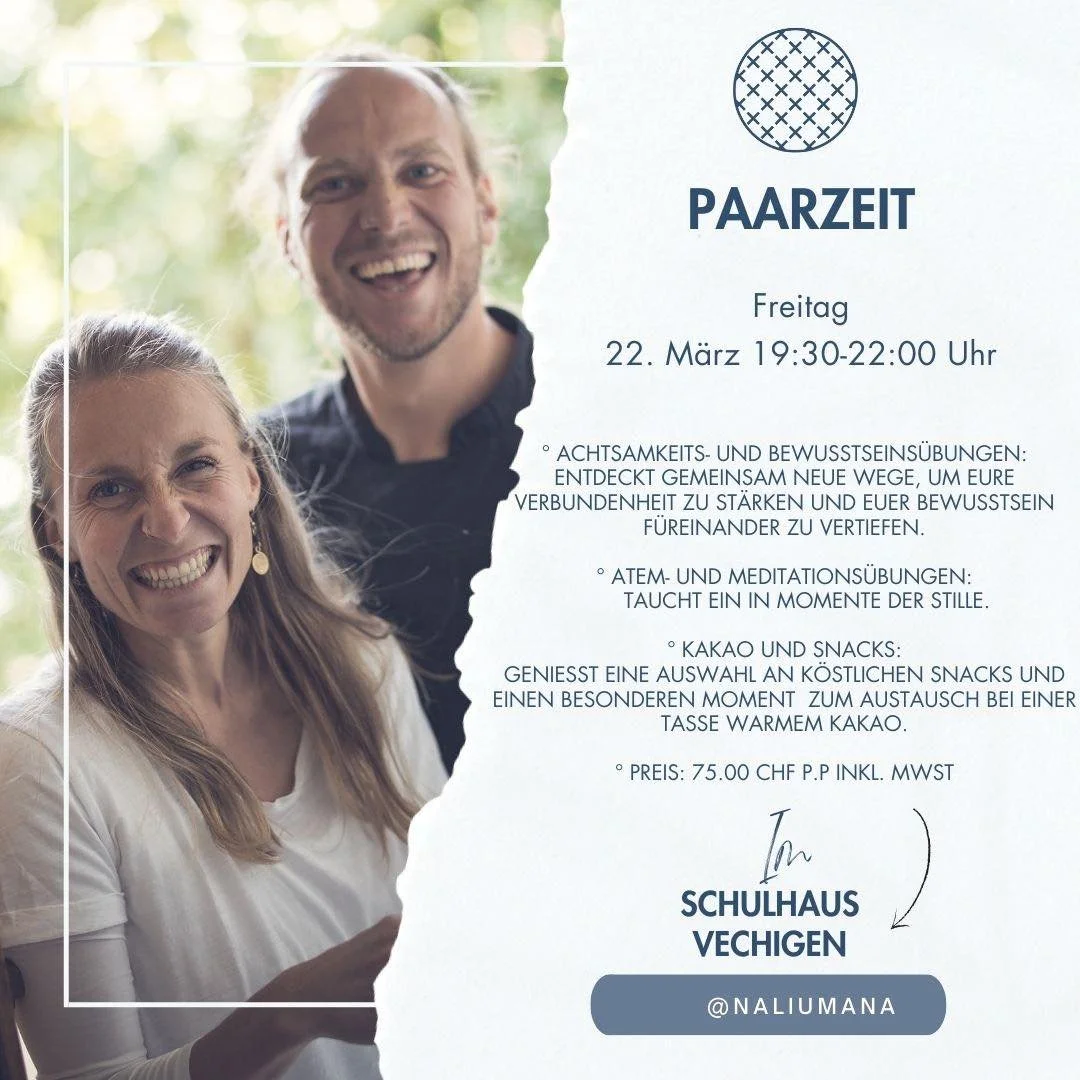 EINLADUNG ZUM PAARZEITABEND-ZEIT F&Uuml;R BEGEGNUNG UND ACHTSAMKEIT

22.M&auml;rz 2024 19:30-22:00 Uhr

&bull; ACHTSAMKEITS- UND BEWUSSTSEINS&Uuml;BUNGEN: ENTDECKT GEMEINSAM NEUE WEGE, UM EURE VERBUNDENHEIT ZU ST&Auml;RKEN UND EUER BEWUSSTSEIN F&Uuml