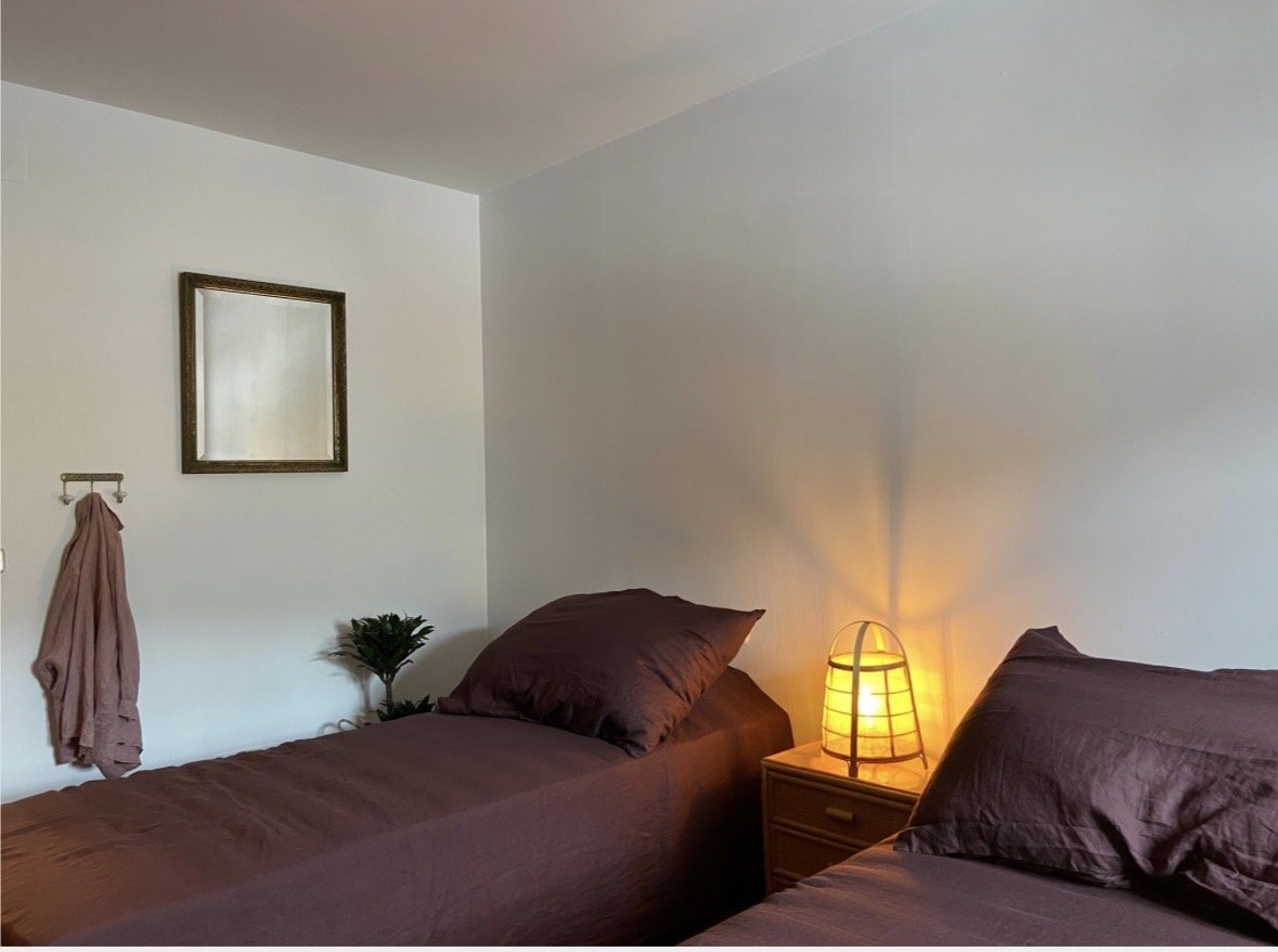 Zwei Einzelbetten mit brauner Bettwäsche, Nachttisch mit einer gelben Lampe, Wandspiegel, Wandhaken mit einem Handtuch, kleine Pflanze