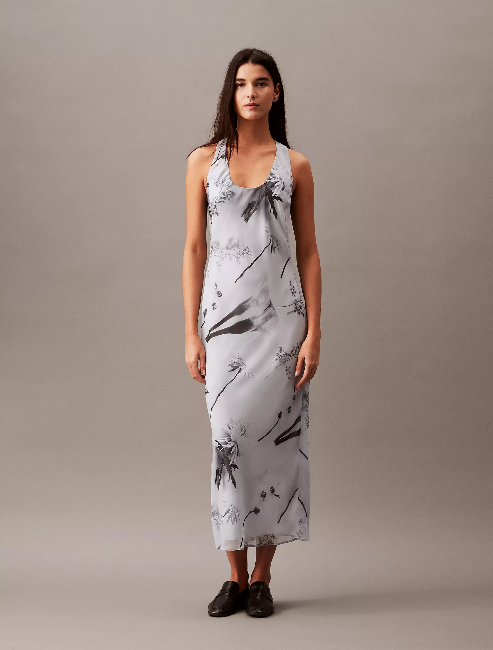 Chiffon Botanic Print T-Back Maxi Dress