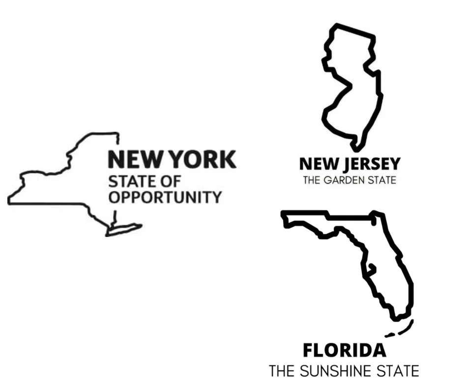 New York, New Jersey, and Florida state logos