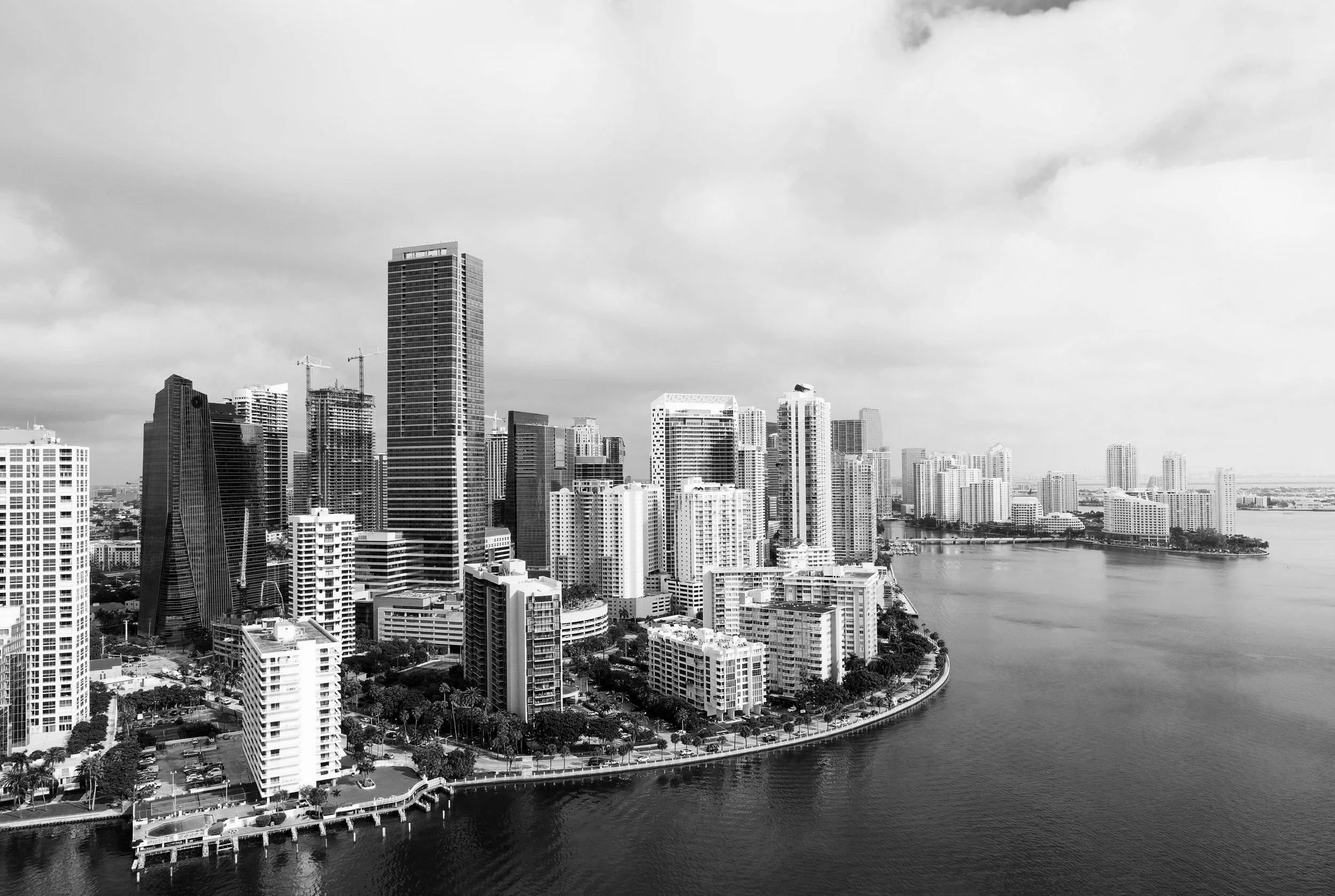 A black and white picture of the Miami skyline by Ryan Parker