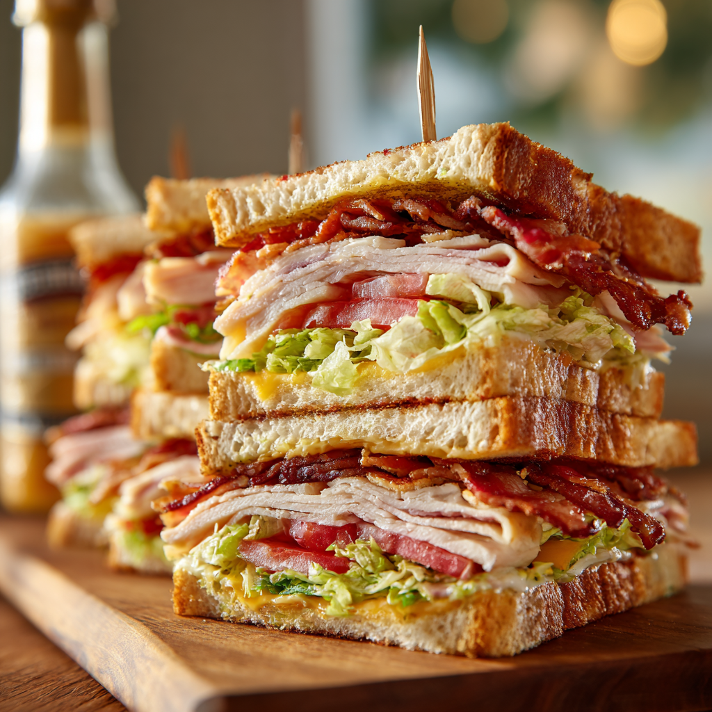 The fully assembled turkey club sandwich sliced into four quarters and held together by skewers, with a bottle of Blazing Citrus Medium sauce visible.