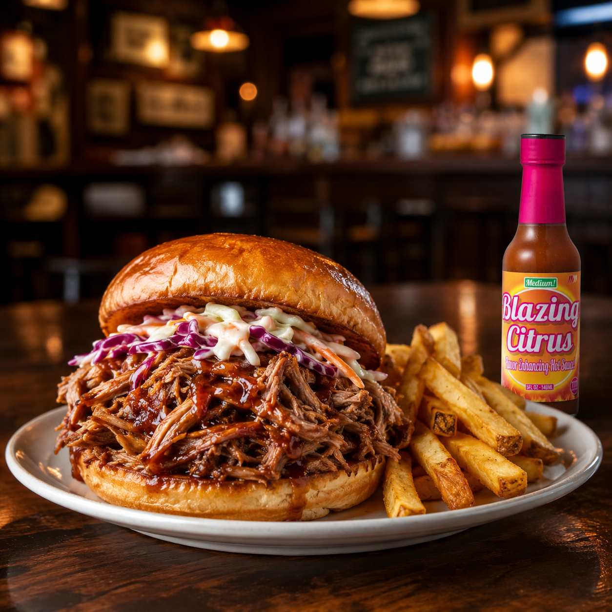 pull pork sandwich with blazing citrus medium hot sauce vinegar free