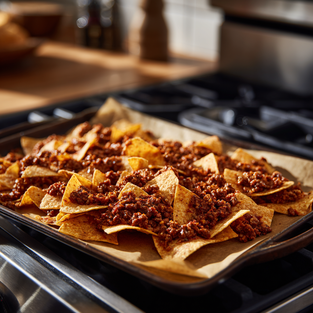 Lined up tortilla chips with ground beef on them