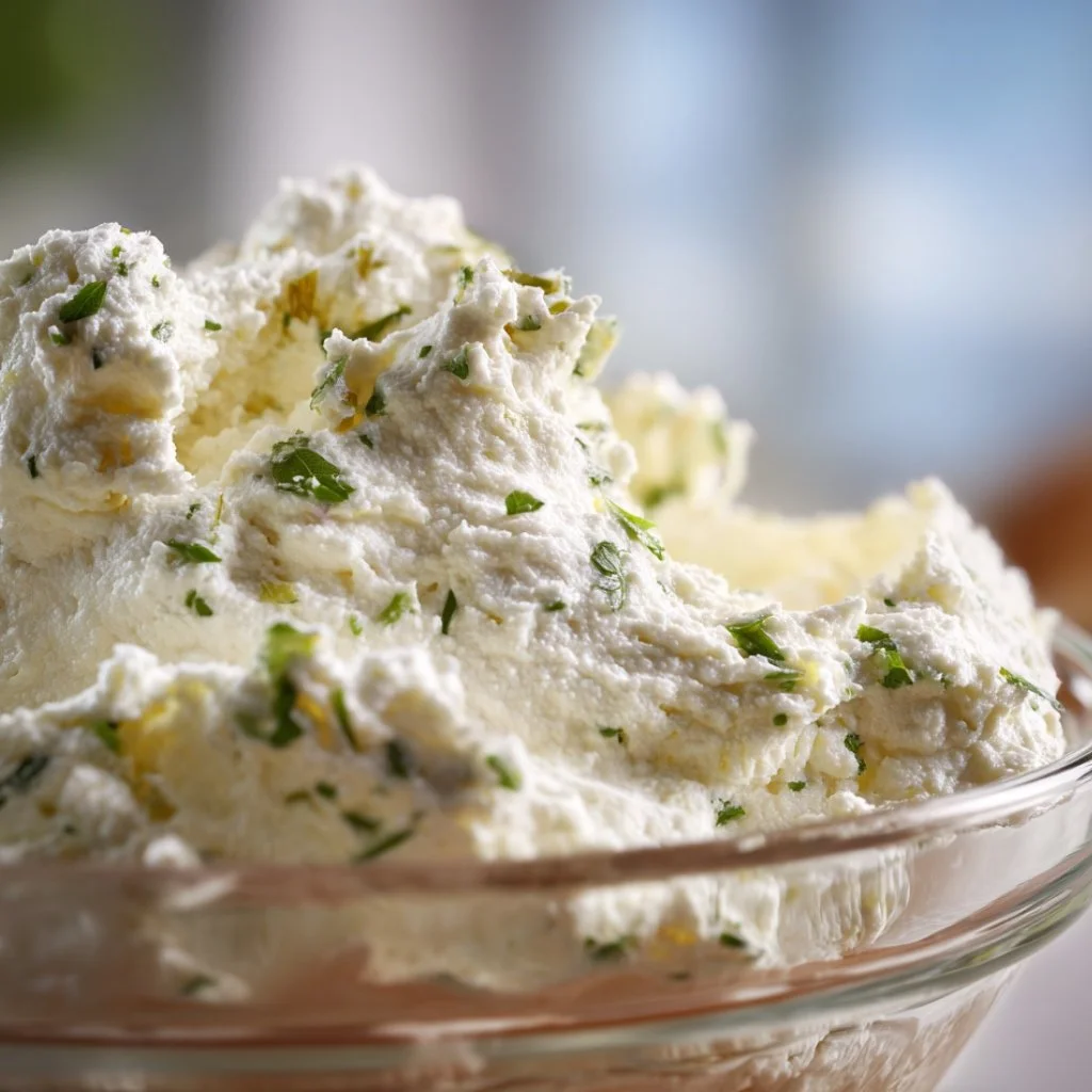 close-up of ricotta, egg, parsley, and cheese mixed thoroughly in a bowl for the lasagna filling