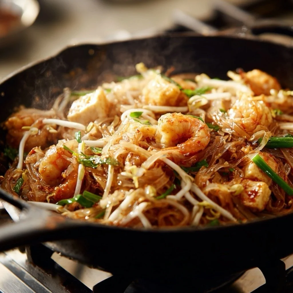 tossed pad thai noodles with shrimp tofu and eggs