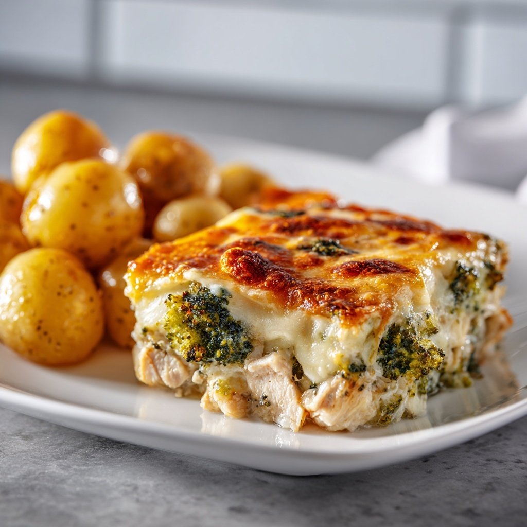 Cheesy broccoli, chicken bake with potatoes on the side