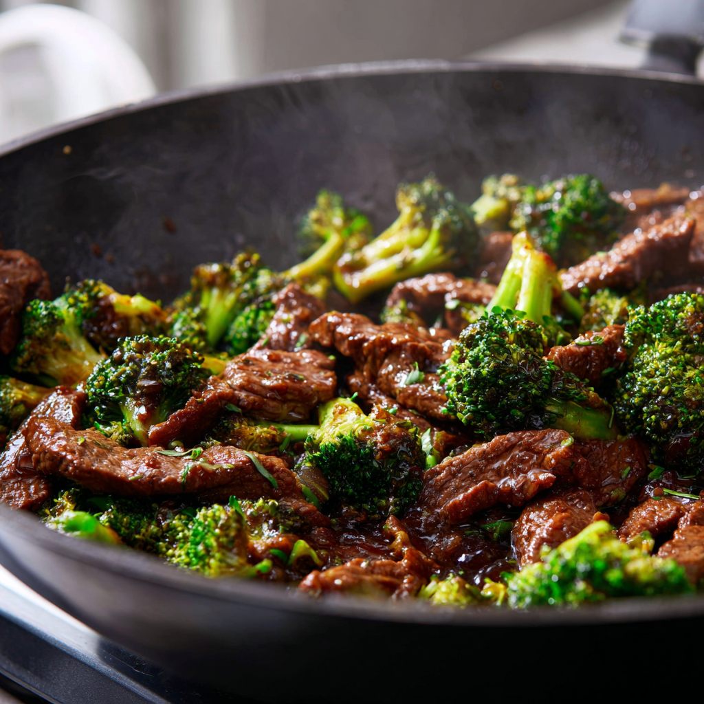 Broccoli and beef coated in a sauce on a skillet