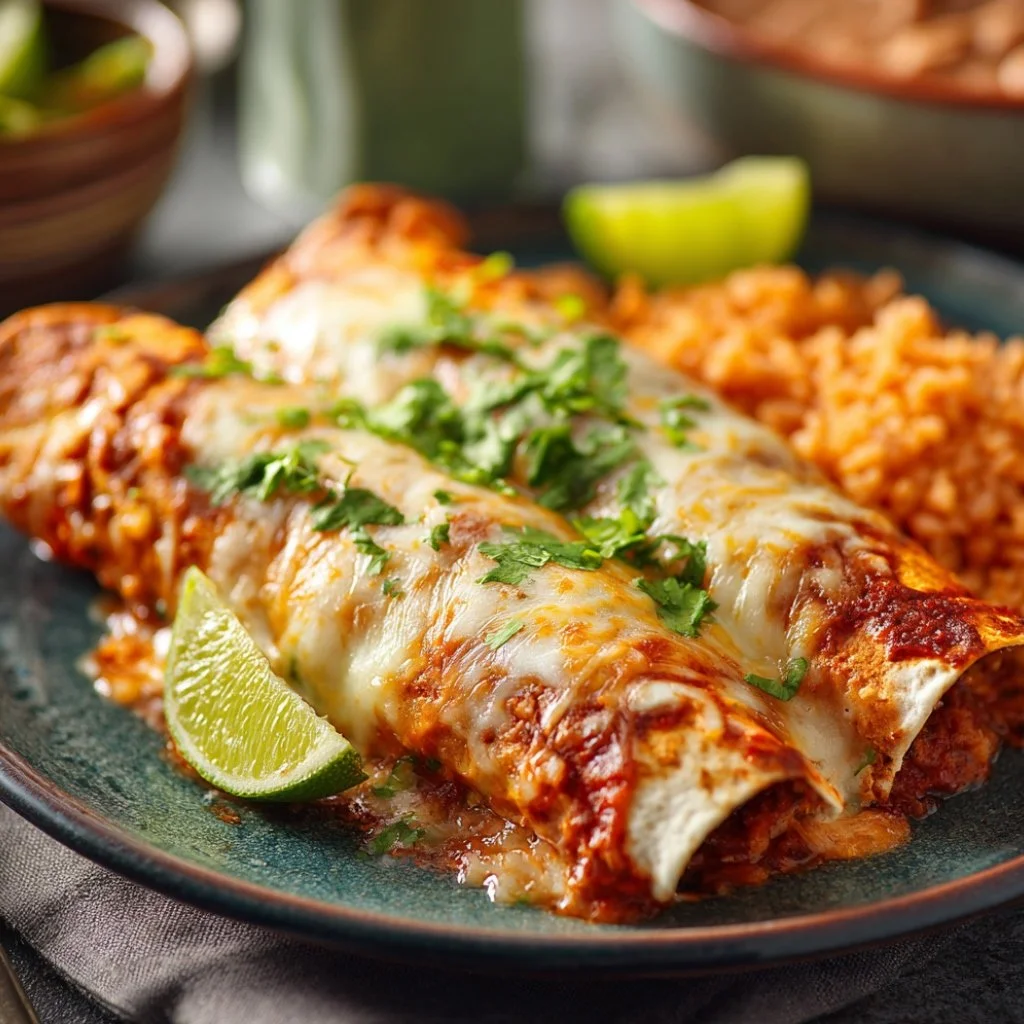 The finished baked enchiladas, removed from the oven, with melted, bubbly cheese and a fresh garnish of cilantro.