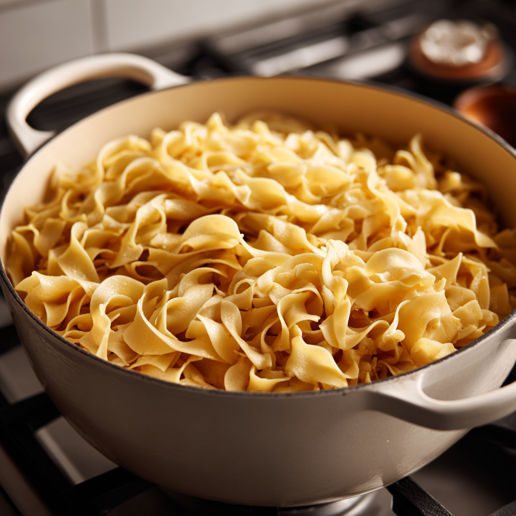 cooked egg noodles in a white pot