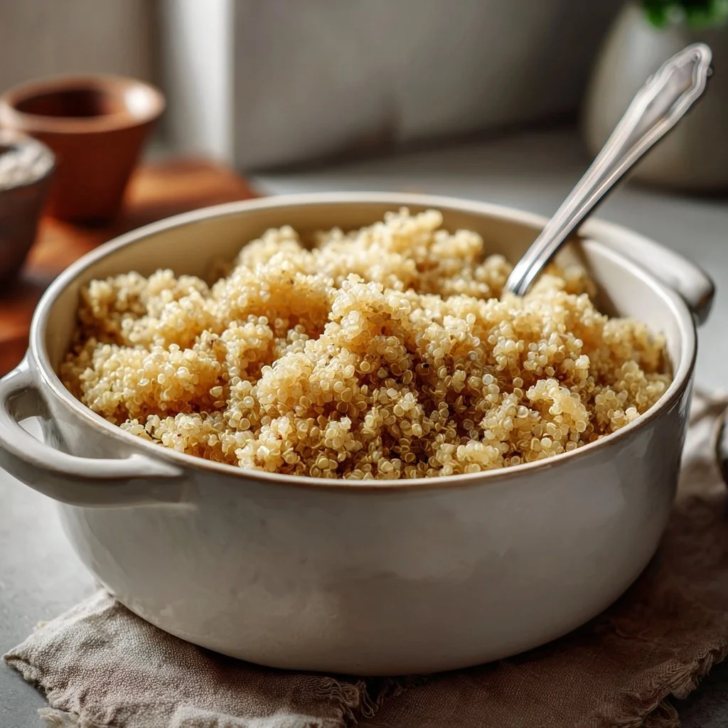 Cooked fluffy white quinoa in a white pot