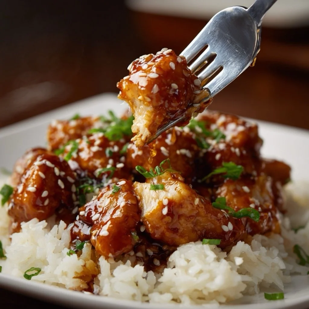 glazed sesame chicken bit on fork