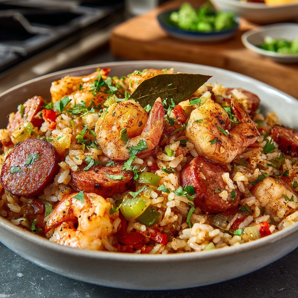 jambalaya in a white serving dish