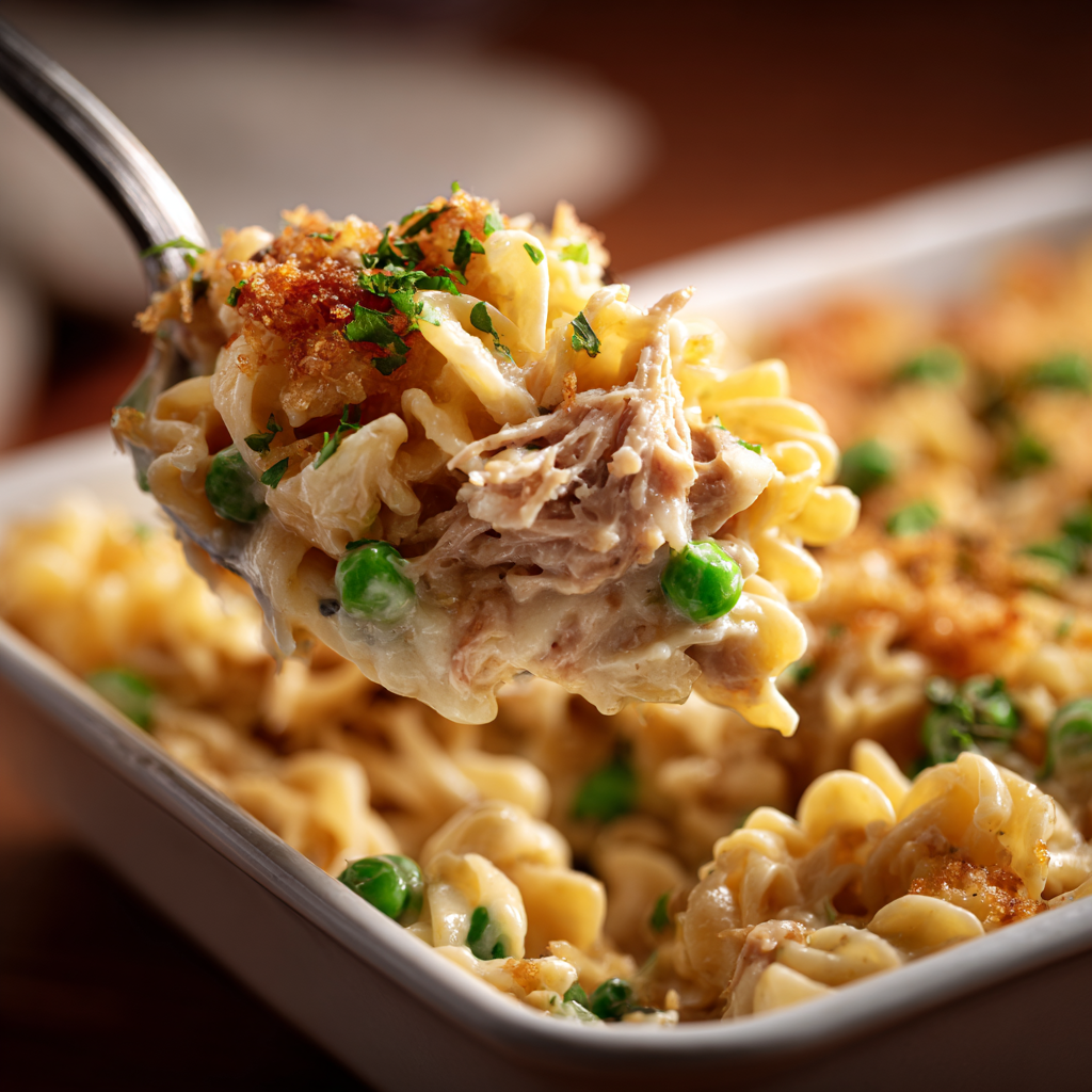 The Ultimate Creamy Tuna Noodle Casserole with a Golden Herb Crust