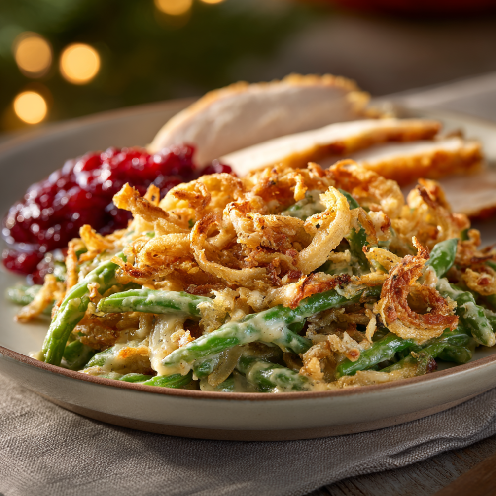 Peak Creamy Green Bean Casserole with a Crispy Fried Onion Crust