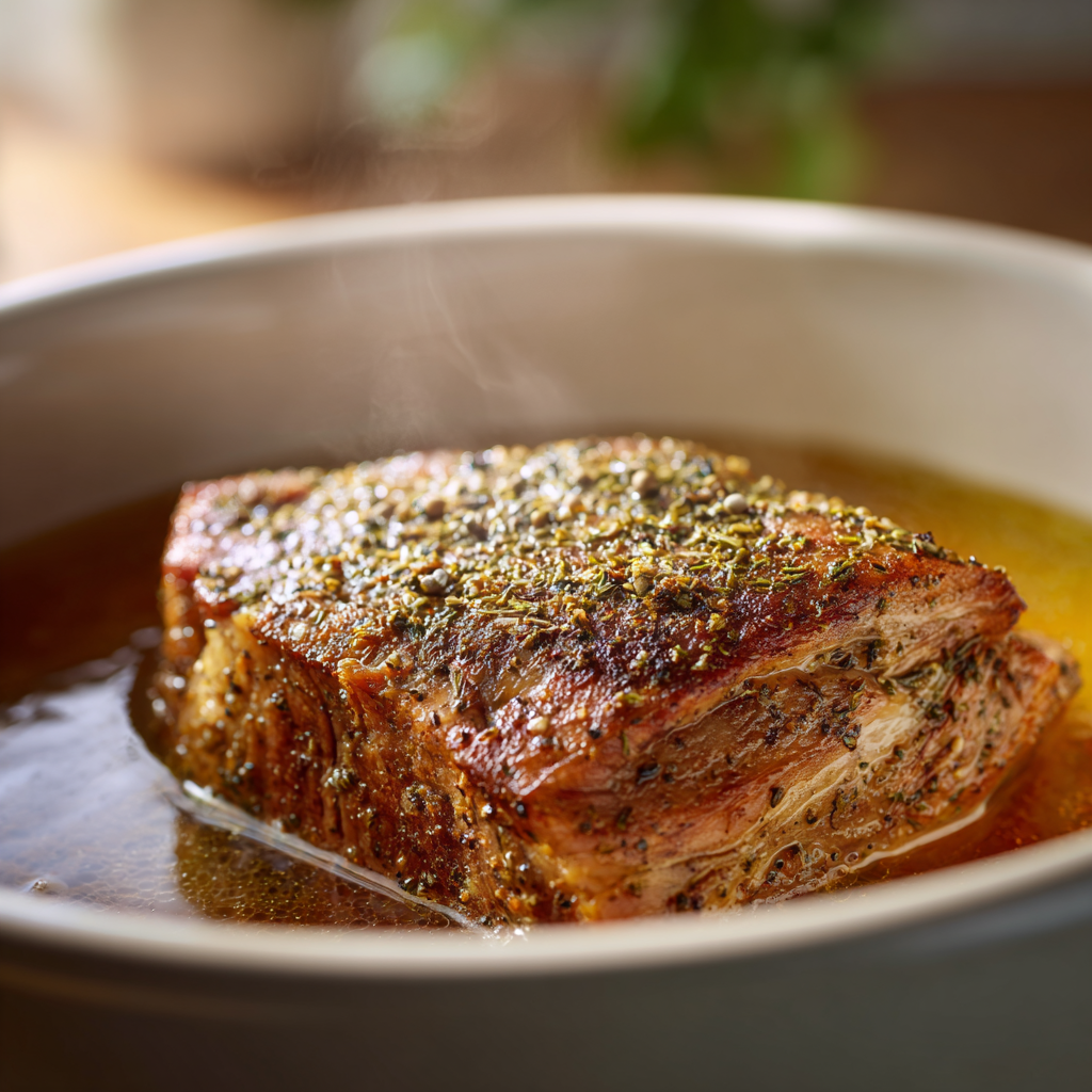 Step two: the seasoned pork shoulder is placed inside a large white slow cooker pot, ready to cook.
