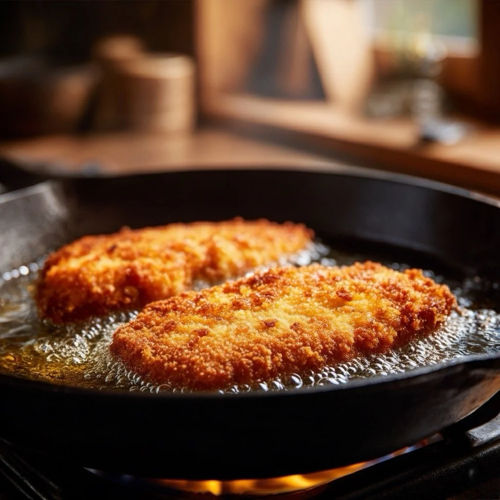 Step three: two pieces of coated chicken breast deep-frying in hot oil in a black cast iron skillet.