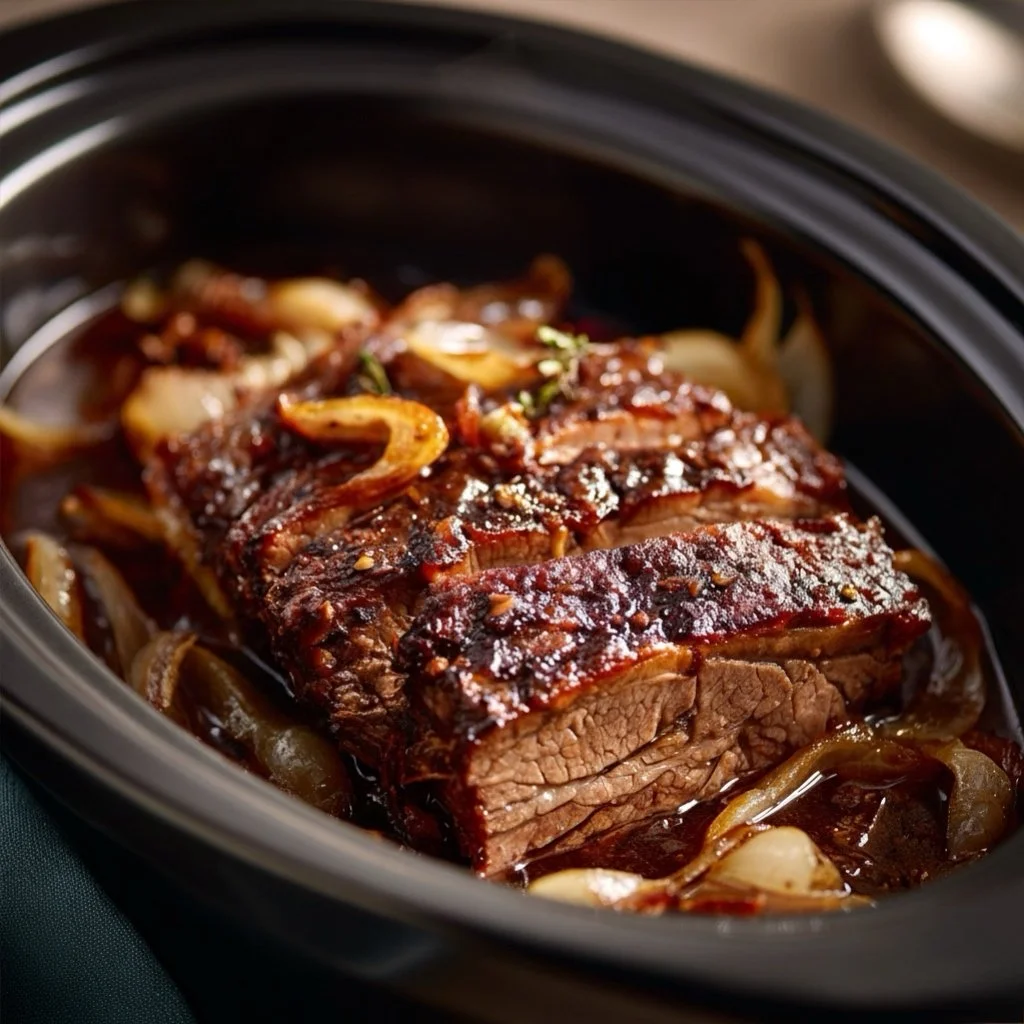 Brisket placed over sliced onions in slow cooker