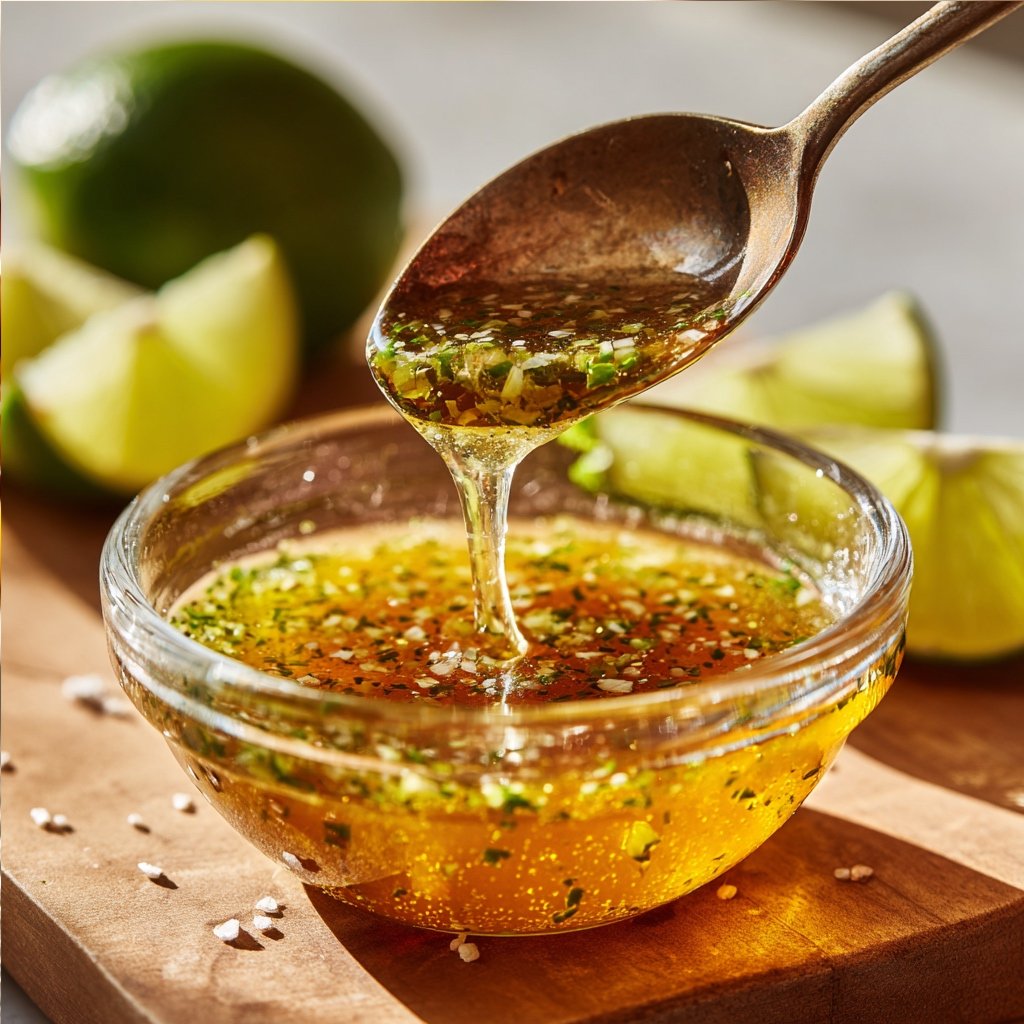 A close-up shot of a whisk mixing a vibrant, lime-green dressing, showing an emulsion forming in a small glass bowl.