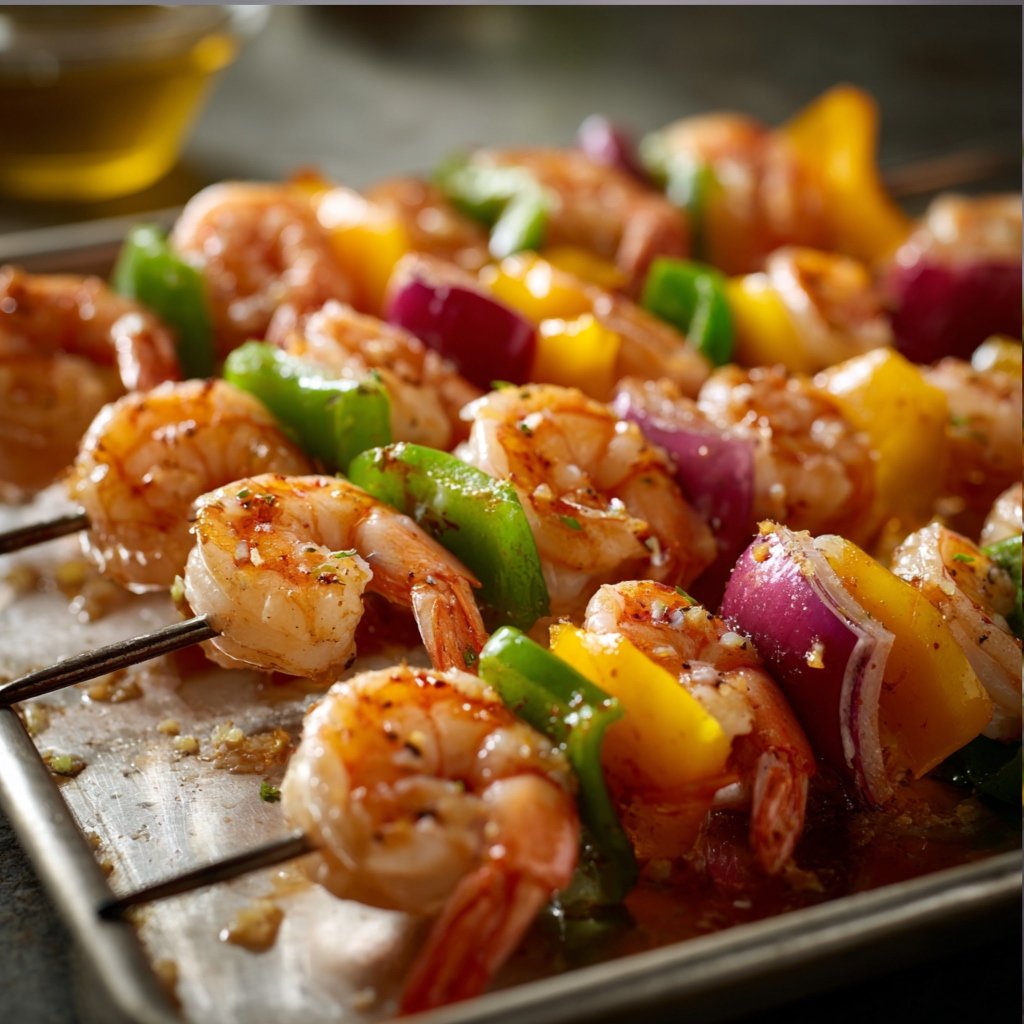 Assembled shrimp and vegetable skewers