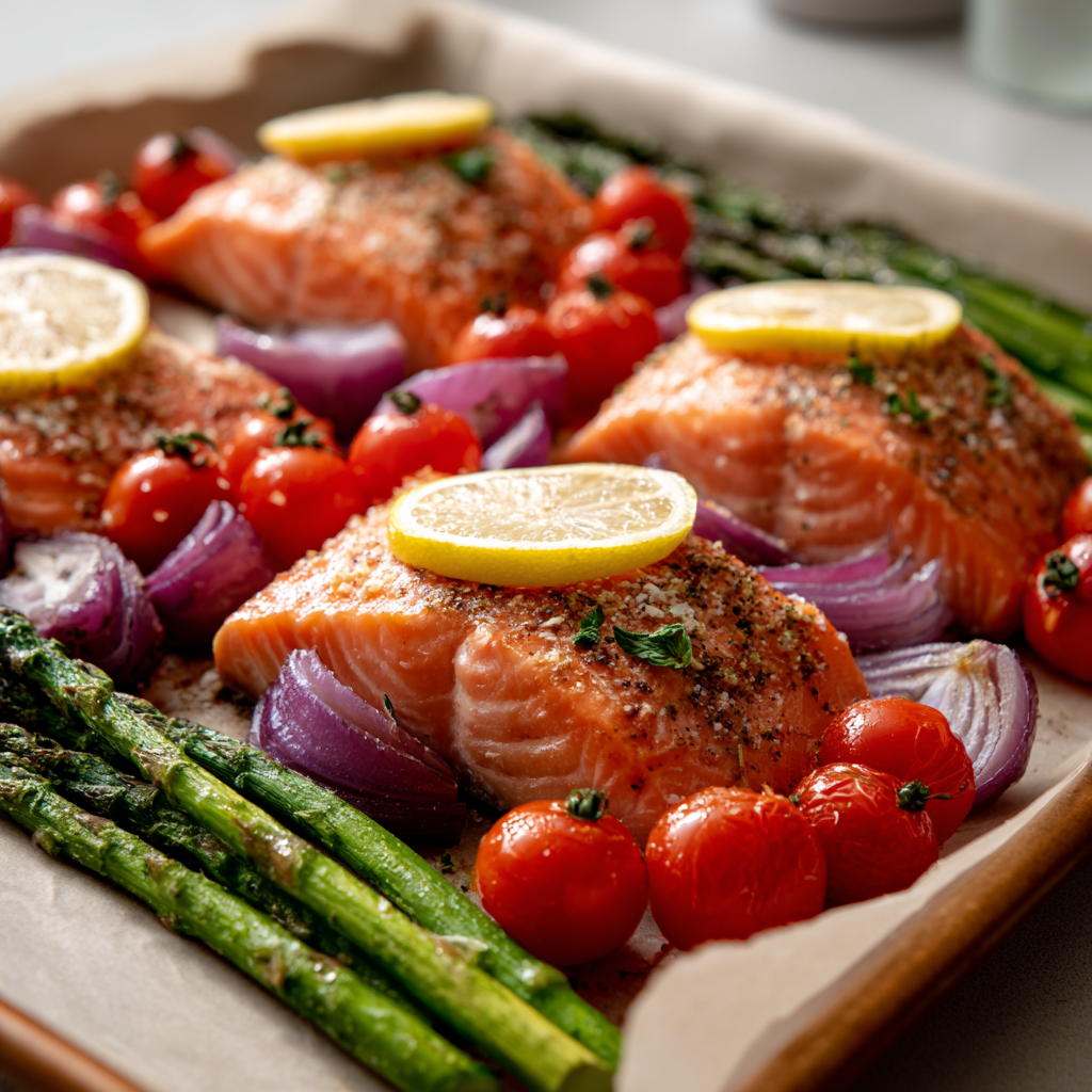 Salmon fillets topped with lemon slices on a sheet pan