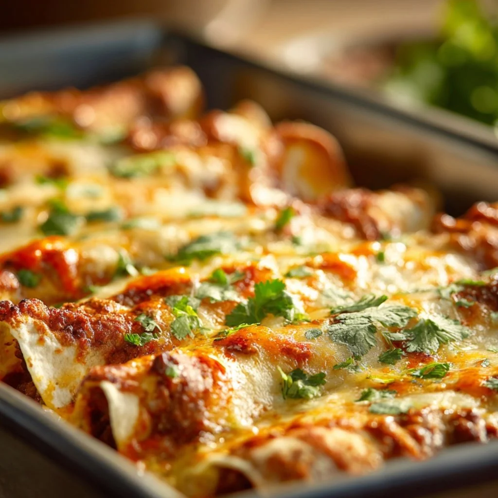 The 9x13 inch baking dish full of enchiladas, completely covered in red sauce, and topped with shredded cheese and a drizzle of Blazing Citrus Hot sauce, ready for the oven.