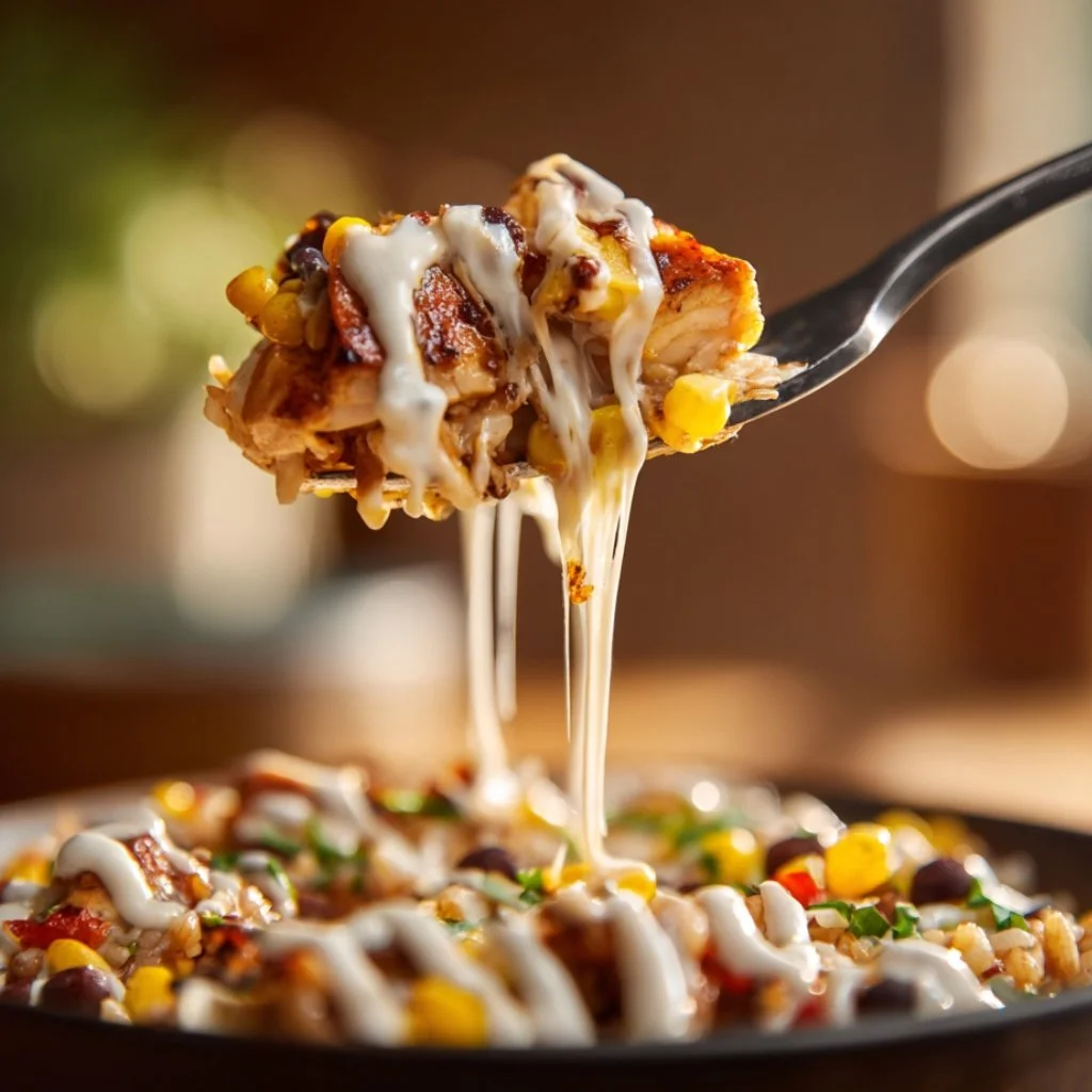 Chicken burrito bowl close-up of bite on fork