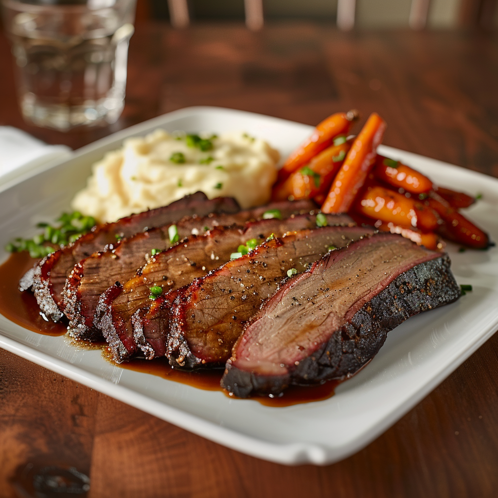spicy brisket with carrots and mashed potatoes