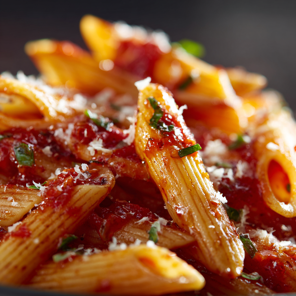 finished bowl of penne arrabiata topped with fresh basil, grated cheese, and a drizzle of Blazing Citrus Hot sauce close up