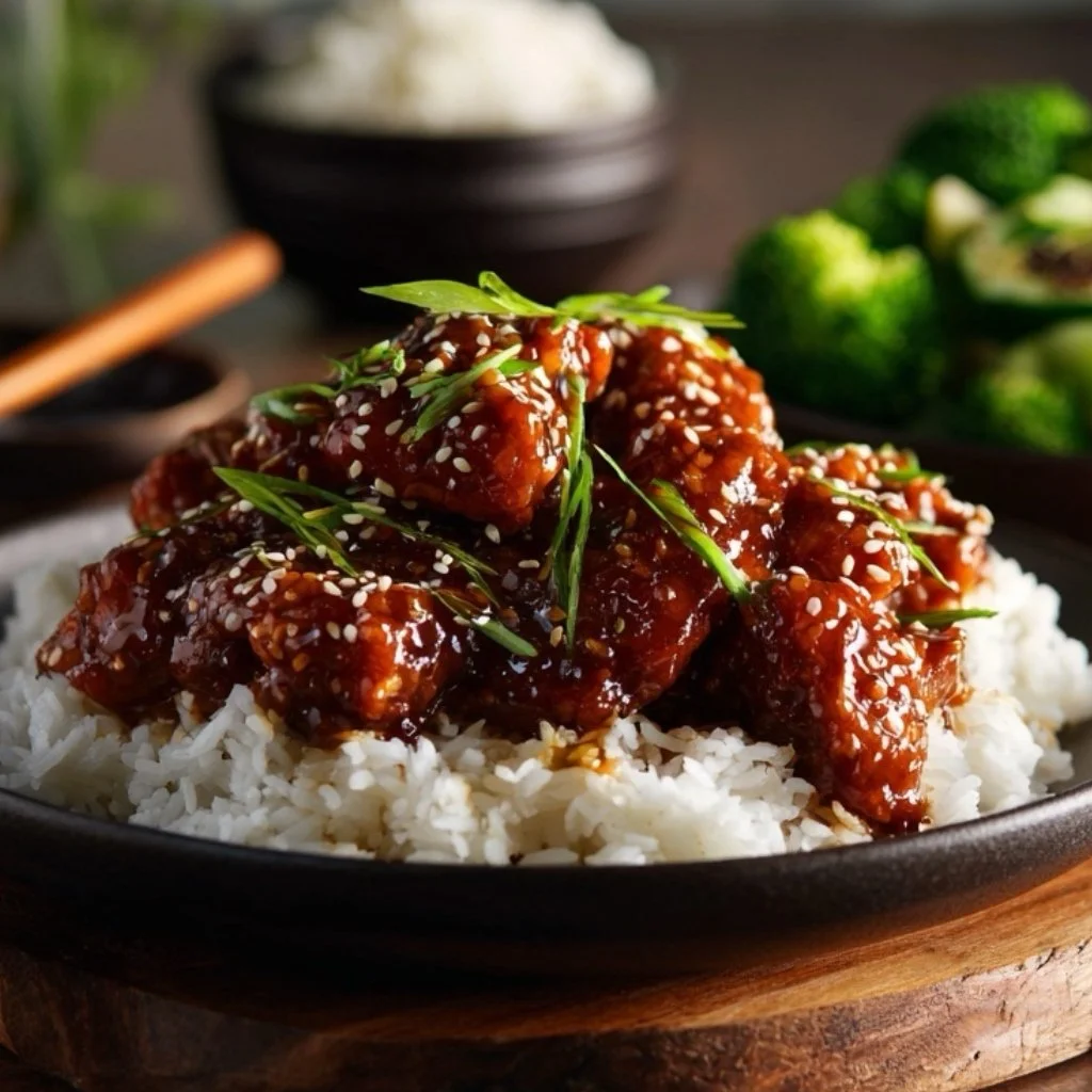 finished sesame chicken served on rice