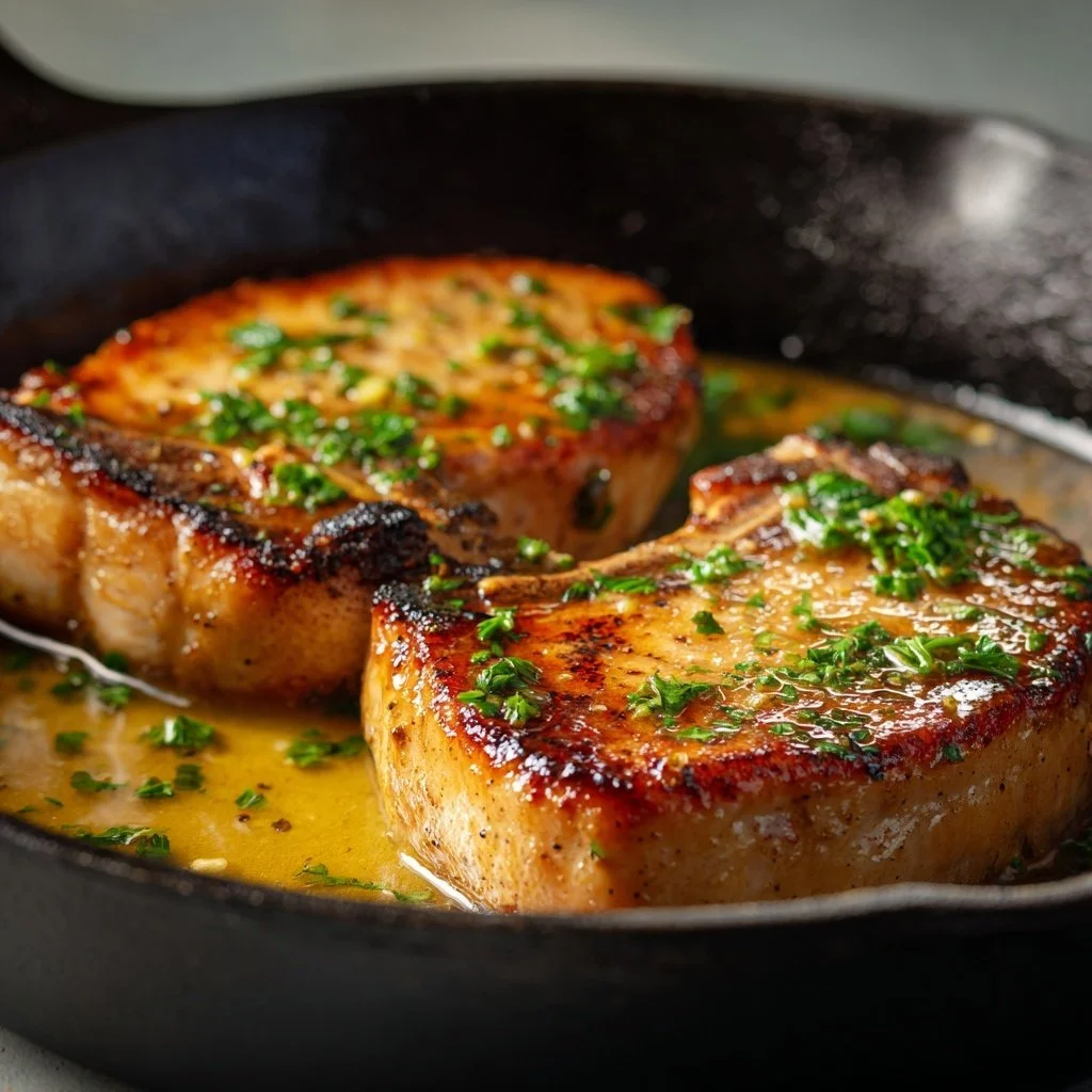pork chop in black skillet with butter and herbs