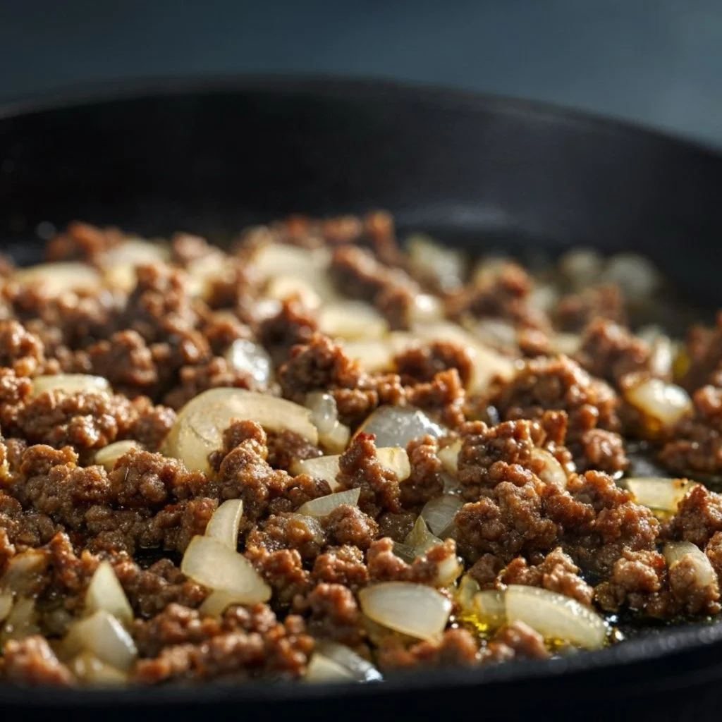 ground beef browning in a Dutch oven with chopped onions and minced garlic