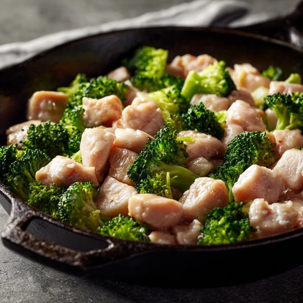 Cube chicken and broccoli florettes spread in black skillet