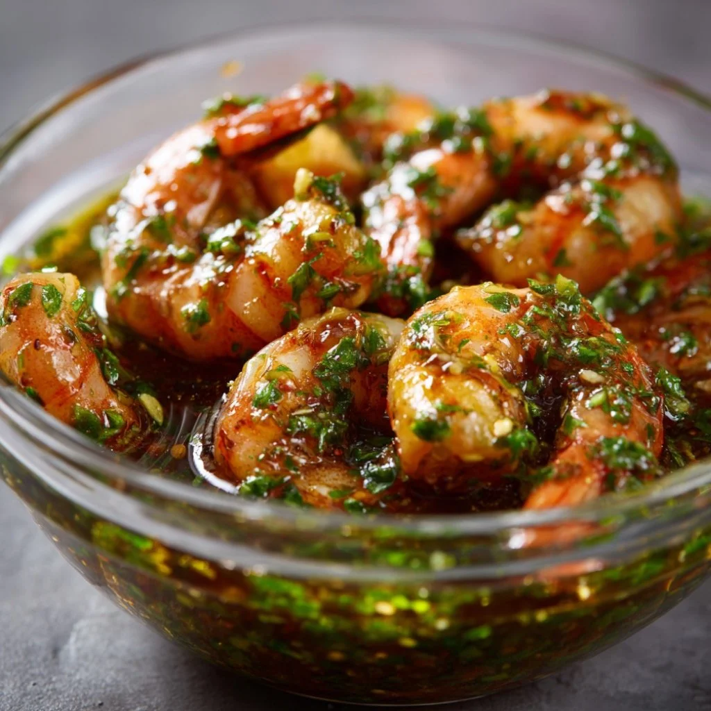 Shrimp marinating in a bright green citrus sauce