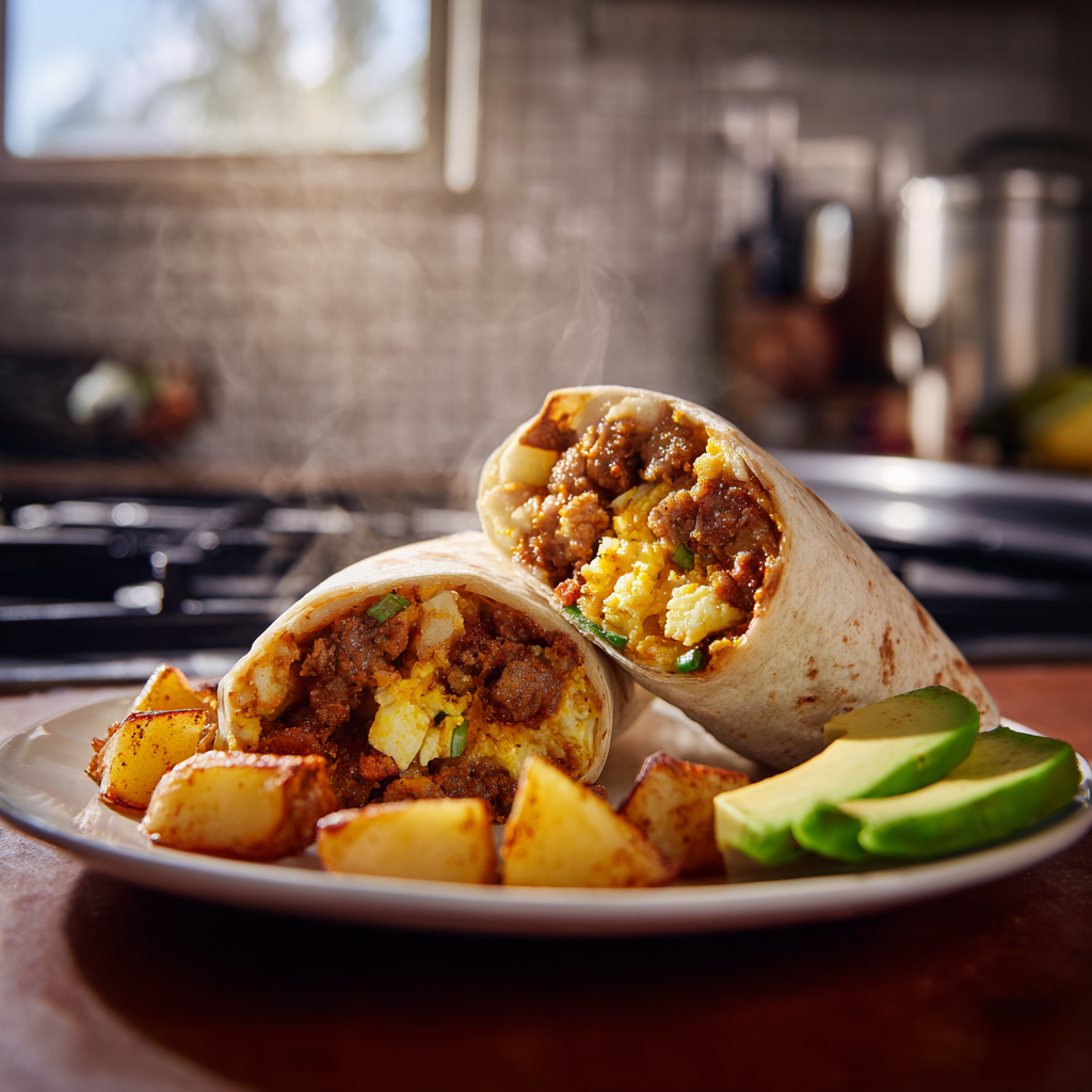 Hot finished breakfast burrito with a side of potatoes and avocado