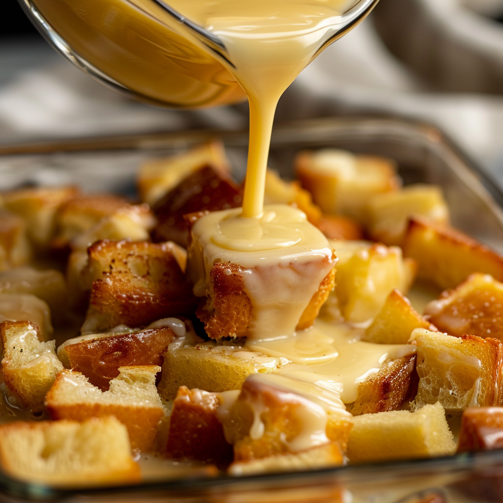custard poured over bread cubes