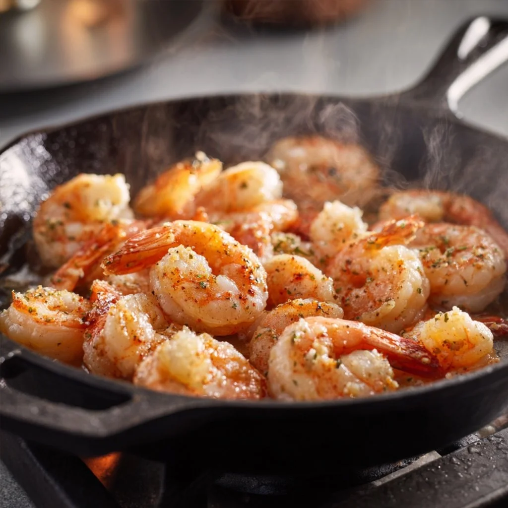 Raw shrimp seasoned with chili powder, turning pink as they cook in a black cast iron skillet.