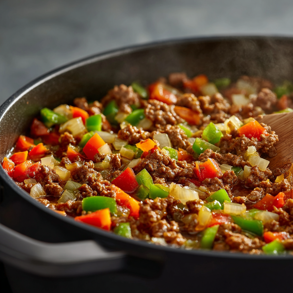 chili con carne browned ground beef onions and bell peppers
