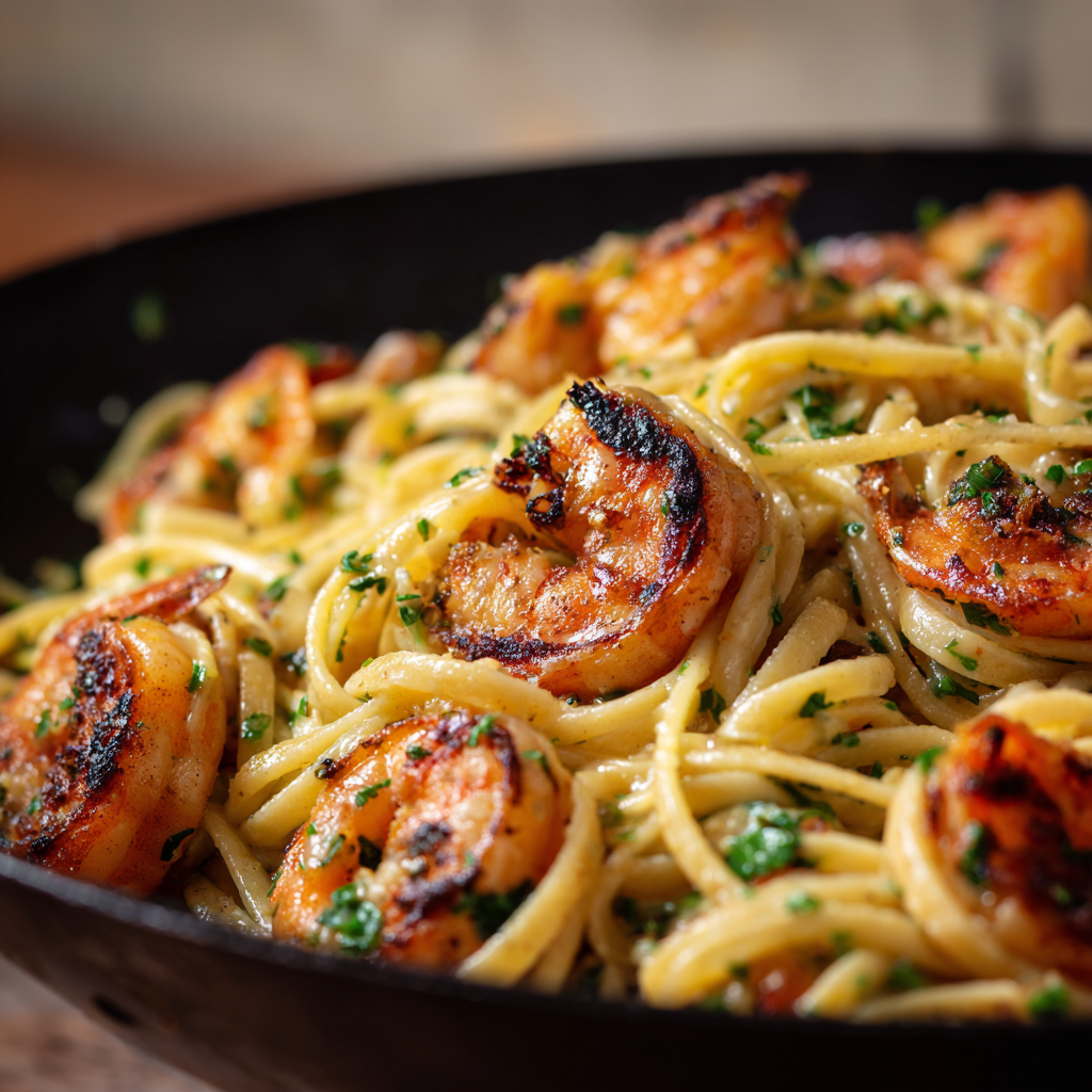 The cooked linguine and sautéed shrimp being tossed to coat thoroughly with the creamy garlic Parmesan sauce