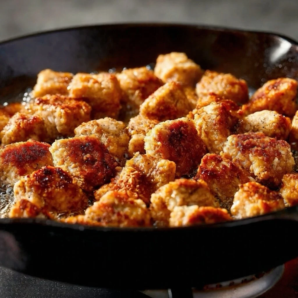 frying chicken cubes in black skillet