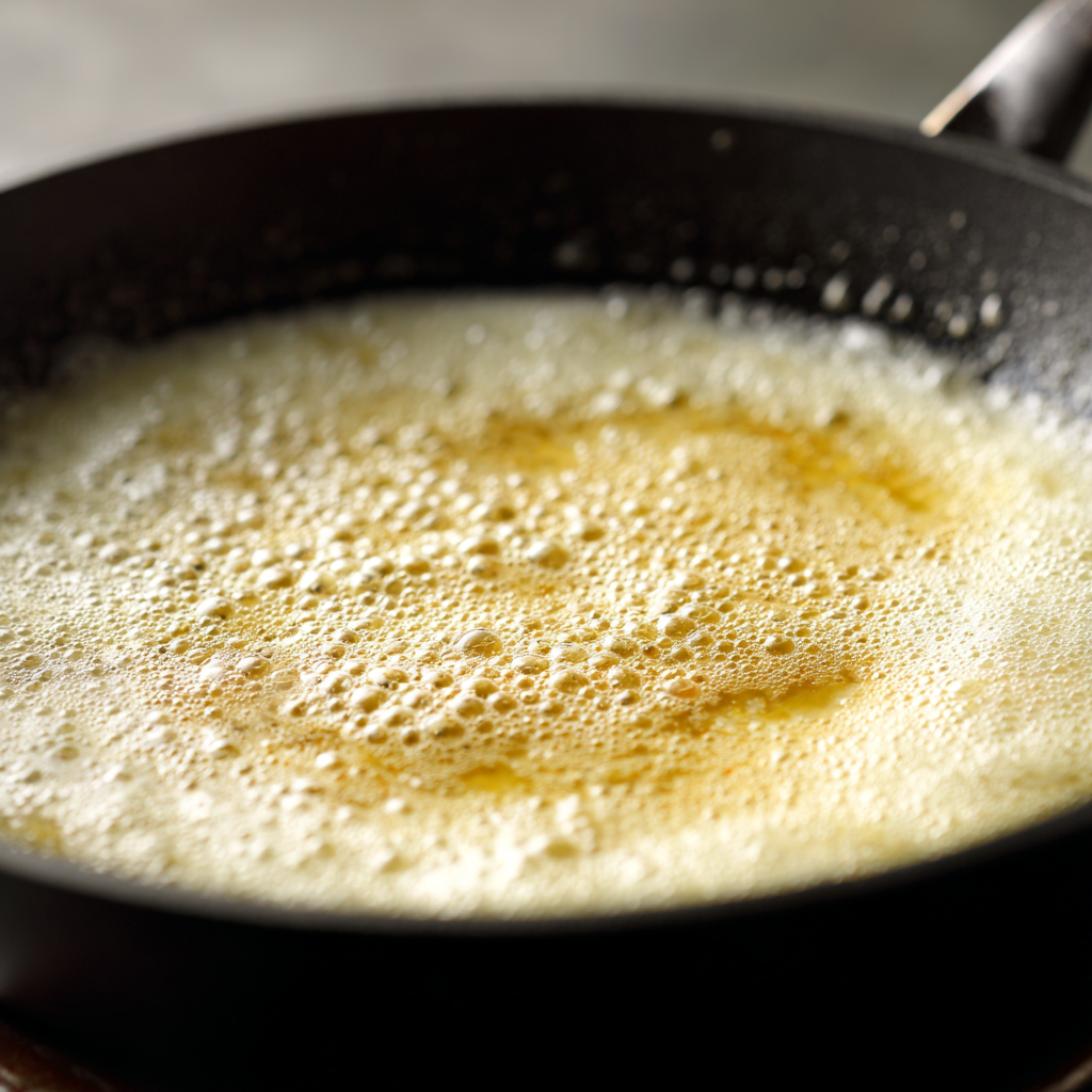 white wine and lemon juice simmering in the skillet, reducing to create the shrimp scampi sauce