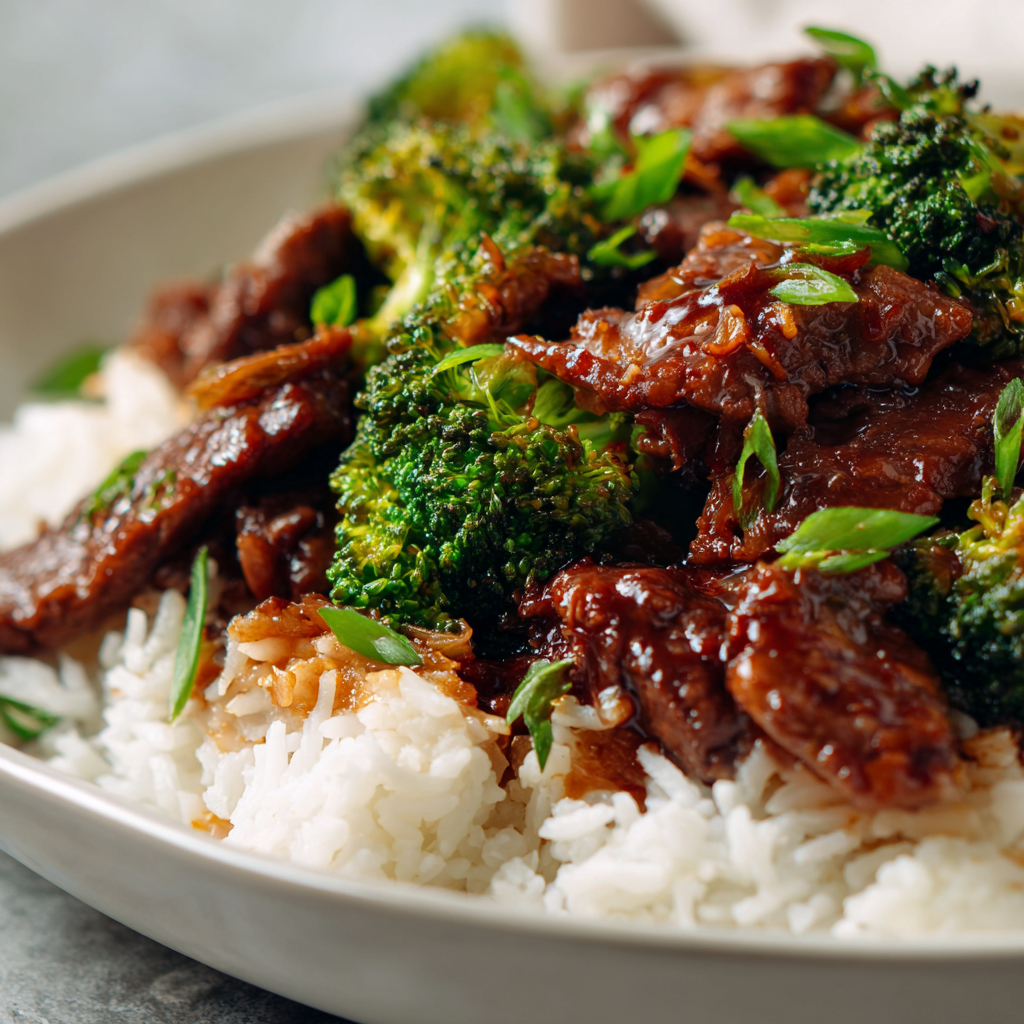 glassy broccoli beef over rice