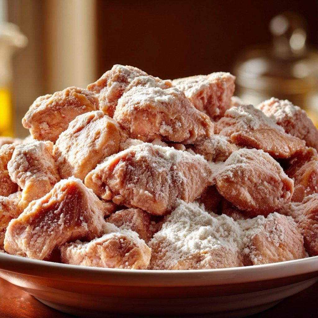 flour coated chicken prepped for frying