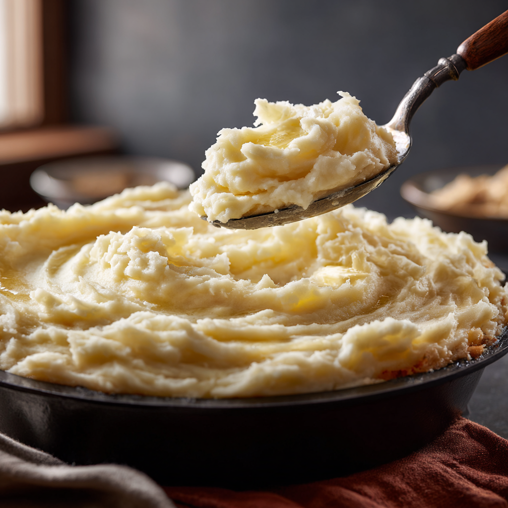 Mashed potatoes being spooned and spread over the meat filling in the baking dish.