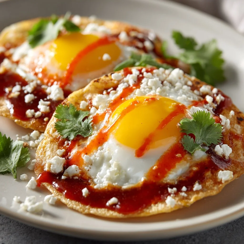 A plated dish showing two tortillas, two fried eggs, and warm ranchero sauce poured generously over the top.