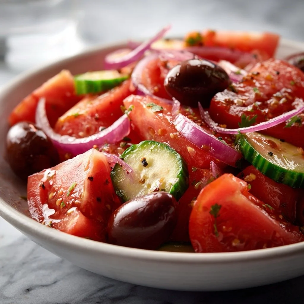 Freshly cut tomato wedges, cucumber slices, red onion, and Kalamata olives mixed in a large white bowl.