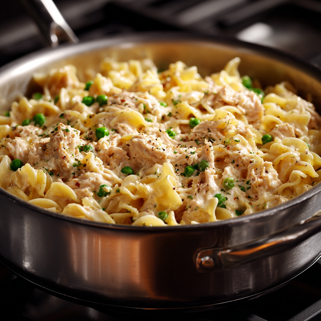 Stirring in cooked egg noodles, tuna, peas, and celery to combine