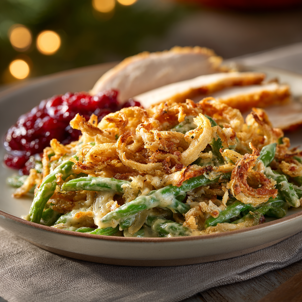 finished green bean casserole with holiday sides